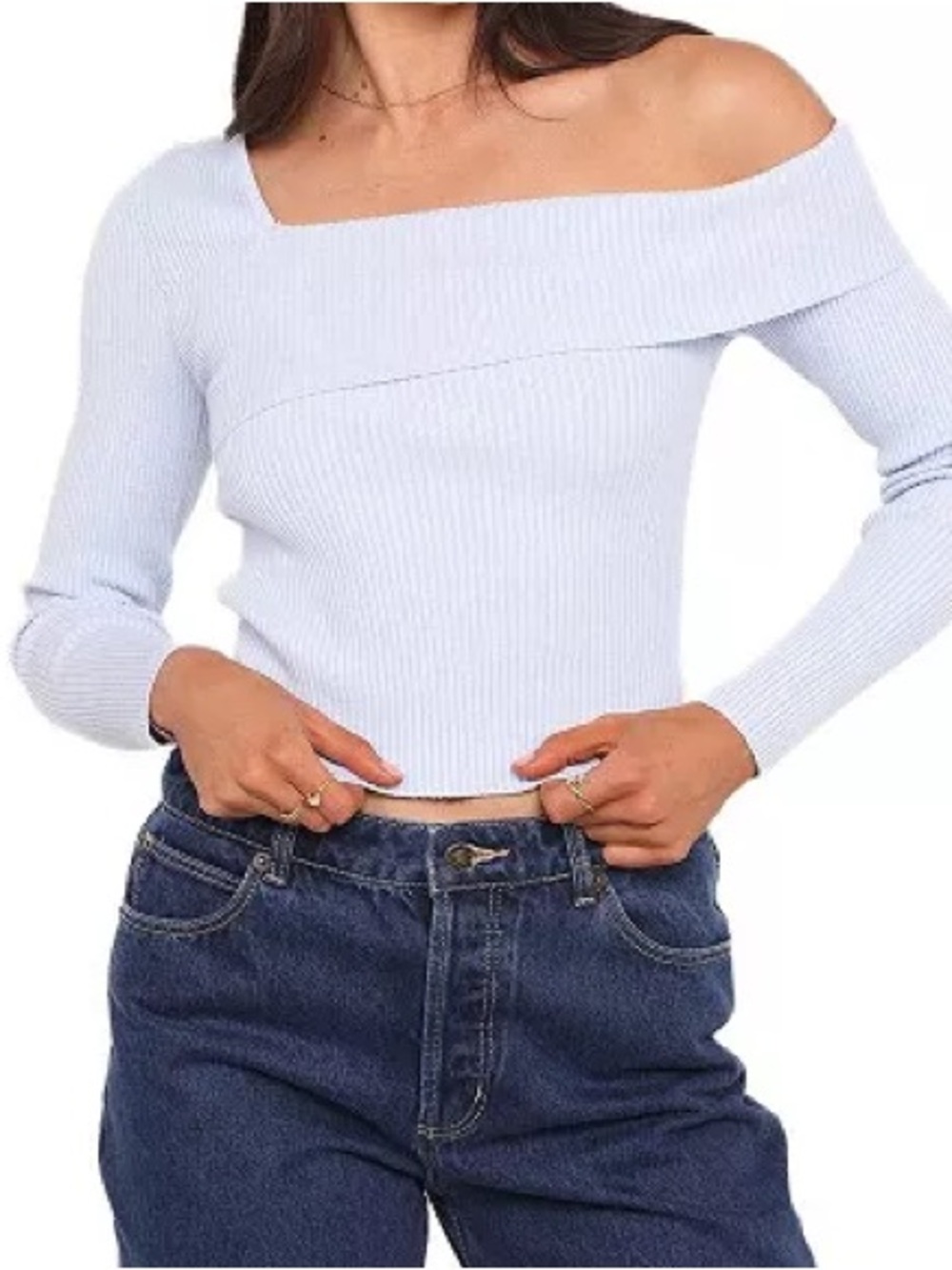 Petal + Pup Blue Off Shoulder Ribbed Knit Top Size S NWOT